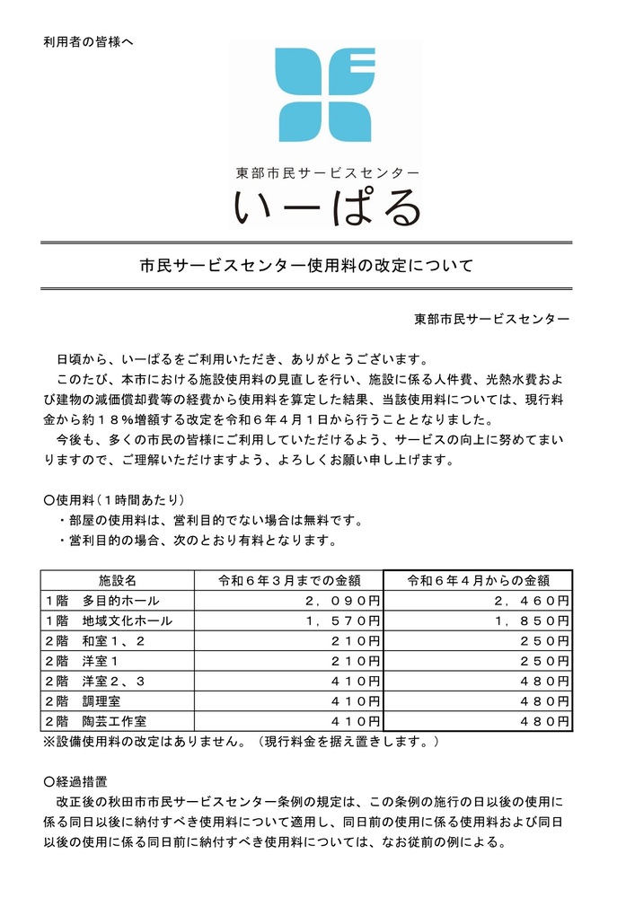 使用料改定のお知らせ